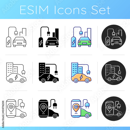 Electric vehicle charging icons set. Charging time of electromobiles. Money spent for electricity on charging stations. Linear, black and RGB color styles. Isolated vector illustrations