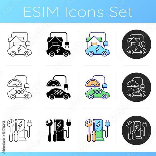 Electric vehicle charging icons set. Charging adapter and converter to fit electromobile. Charging battery of car. Linear, black and RGB color styles. Isolated vector illustrations