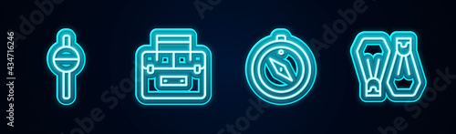 Set line Fishing float, Case container for wobbler, Compass and Rubber flippers swimming. Glowing neon icon. Vector