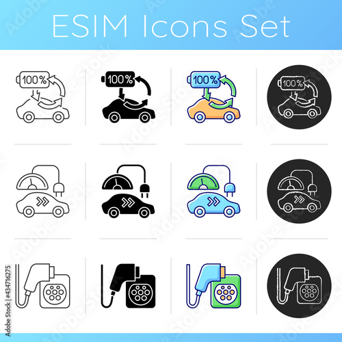 Electric vehicle charging icons set. Types of charging connectors for electromobiles. Ecological fuel for transort. Linear, black and RGB color styles. Isolated vector illustrations