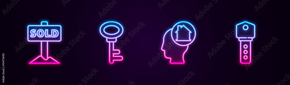 Set line Hanging sign with text Sold, House key, Man dreaming about buying house and . Glowing neon icon. Vector Set line Hanging sign with text Sold, House key, Man dreaming about buying house and . Glowing neon icon. Vector