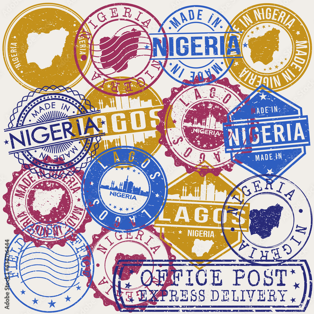 Naklejka premium Lagos Nigeria Set of Stamps. Travel Stamp. Made In Product. Design Seals Old Style Insignia.