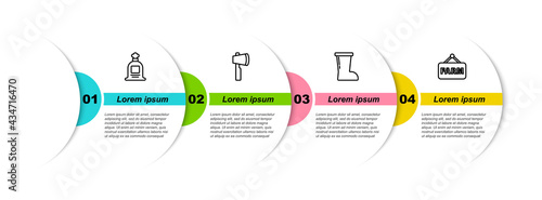 Set line Full sack, Wooden axe, Waterproof rubber boot and Signboard with text Farm. Business infographic template. Vector