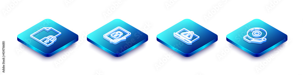 Set Isometric line Document and lock, Tablet with closed padlock, Laptop exclamation mark and Ringing alarm bell icon. Vector Set Isometric line Document and lock, Tablet with closed padlock, Laptop exclamation mark and Ringing alarm bell icon. Vector