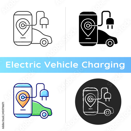 EV charging app icon. Digital application to find charging stations for electromobile. Using device to pay for natural fuel. Linear black and RGB color styles. Isolated vector illustrations