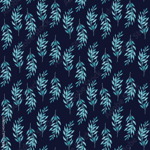 Watercolor pattern with green leaves of a palm tree on a dark blue background. Deciduous pattern. Botanical illustration with palm branches.