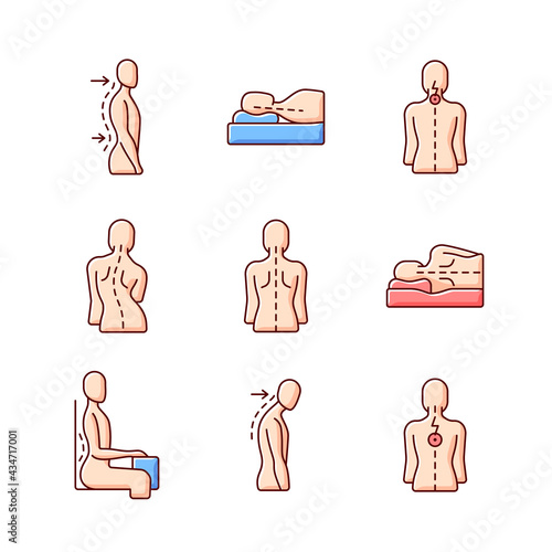 Back and posture problems RGB color icons set. Lumbar lordosis. Incorrect sleeping position. Neck pain. Sideways curve. Spine natural curvature. Sitting up straight. Isolated vector illustrations