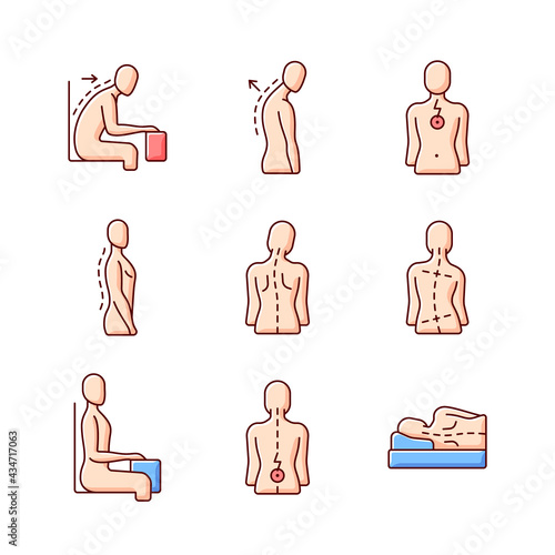 Back and posture problems RGB color icons set. Slouched position at desk. Roundback, hunchback. Spine natural curvature. Uneven hips and shoulders. Lower back pain. Isolated vector illustrations