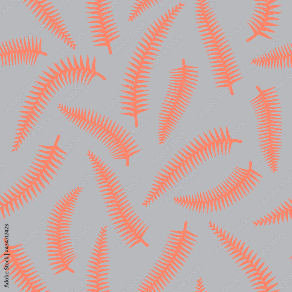 Simple minimal pink fern leaves tropical seamless pattern. Gray background. Flat jungle foliage modern texture. Stock vector illustration. Simple minimal pink fern leaves tropical seamless pattern. Gray background. Flat jungle foliage modern texture. Stock vector illustration.