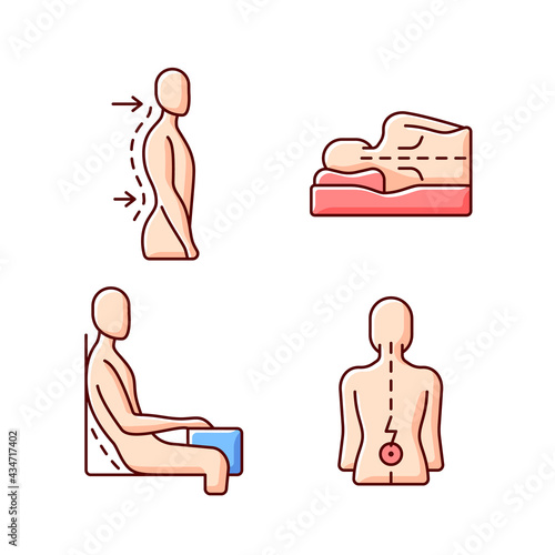 Postural dysfunction RGB color icons set. Lumbar lordosis. Side-lying sleeping position. Incorrect sitting angle. Keeping spine straight. Exaggerated posture. Isolated vector illustrations