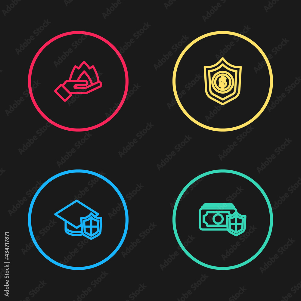 Set line Graduation cap with shield, Money, Shield dollar and Hand holding fire icon. Vector Set line Graduation cap with shield, Money, Shield dollar and Hand holding fire icon. Vector