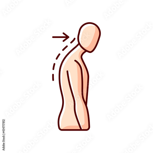 Slouching RGB color icon. Poor posture. Forward head. Body looking down. Walking incorrectly. Muscles in neck, back and shoulders disruption. Pressure on bones. Isolated vector illustration