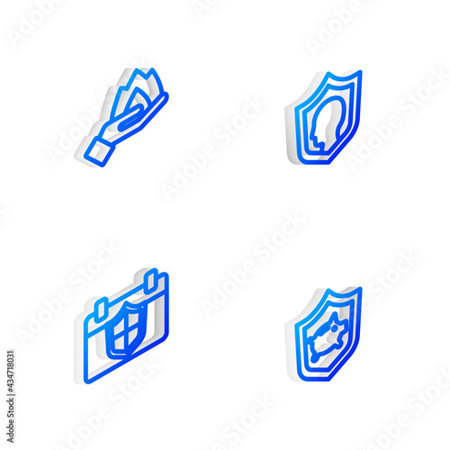Set Isometric line Life insurance with shield, Hand holding fire, Calendar and Piggy bank icon. Vector
