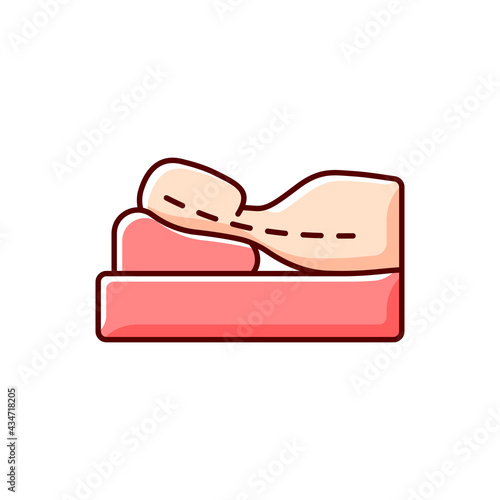 Sleeping with head elevated RGB color icon. Worsening chronic neck pain and stiffness. Scoliosis. Incorrect sleeping position. Dealing with sleep apnea. Nerve compression. Isolated vector illustration