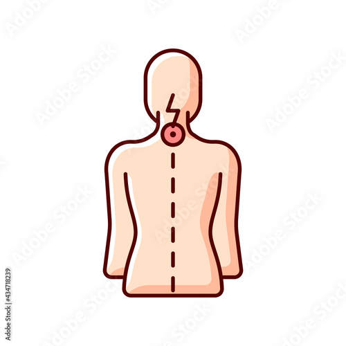 Neck pain RGB color icon. Nerve root compression. Cervical radiculitis. Pressure on spinal nerves. Straining from poor posture. Muscle weakness, inflammation. Isolated vector illustration