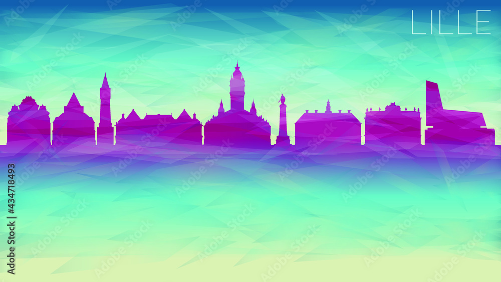 Lille France Skyline Vector Silhouette City. Broken Glass Abstract Geometric Dynamic Textured. Banner Background. Colorful Shape Composition.