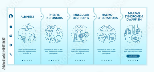 Various genetic disorders onboarding vector template. Responsive mobile website with icons. Web page walkthrough 5 step screens. Inherited physical condition color concept with linear illustrations