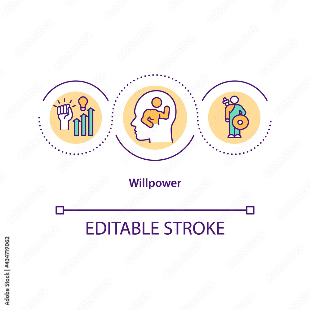 Willpower concept icon. Personal determination for skill improvement. Goal setting. Self control idea thin line illustration. Vector isolated outline RGB color drawing. Editable stroke Willpower concept icon. Personal determination for skill improvement. Goal setting. Self control idea thin line illustration. Vector isolated outline RGB color drawing. Editable stroke