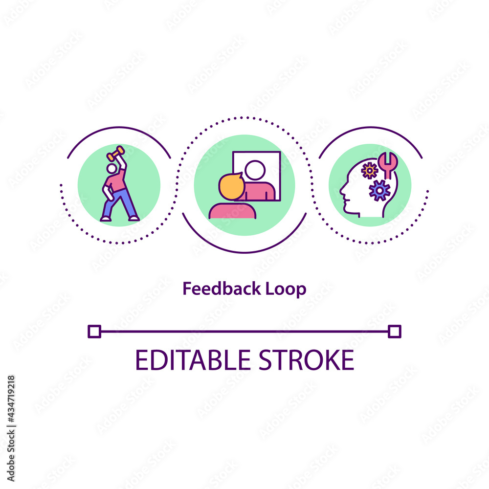 Feedback loop concept icon. Personal growth, skill improvement and development. Self control idea thin line illustration. Vector isolated outline RGB color drawing. Editable stroke