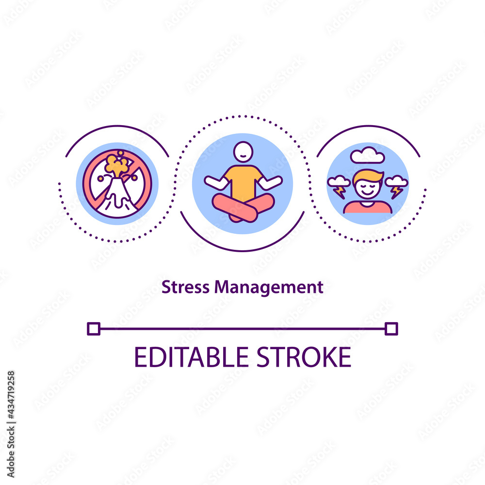 Stress management concept icon. Mental health. Burnout prevention. Psychological strategy. Self control idea thin line illustration. Vector isolated outline RGB color drawing. Editable stroke