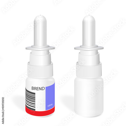 Realistic nasal spray plastic white bottle mockup set. Against flu and nose diseases. Pharmaceutical aerosol with pump with and without label. 3d medication vector template.