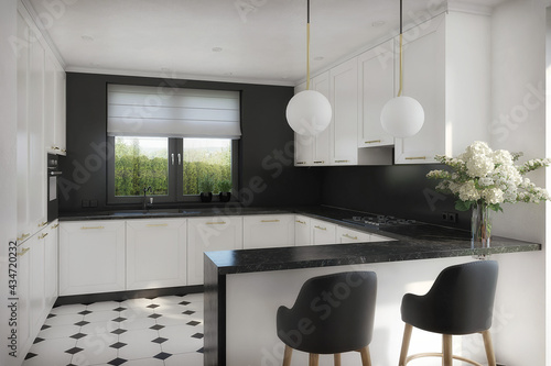 Naklejka elegancka biało czarna kuchnia w stylu klasycznym - kuchnia,  płaski, wnętrza, fototapety | Foteks