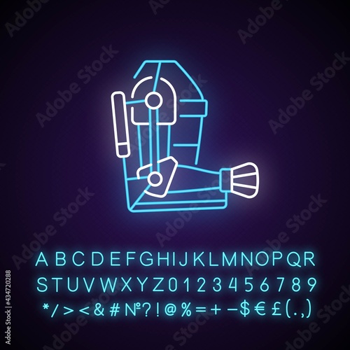 Exoskeleton neon light icon. Advanced prosthesis. Progressive device. Futuristic technology. Outer glowing effect. Sign with alphabet, numbers and symbols. Vector isolated RGB color illustration