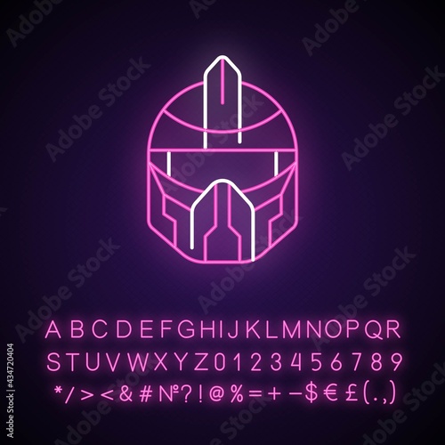 Futuristic helmet neon light icon. Cyberpunk soldier, sci fi person. Futuristic technology. Outer glowing effect. Sign with alphabet, numbers and symbols. Vector isolated RGB color illustration