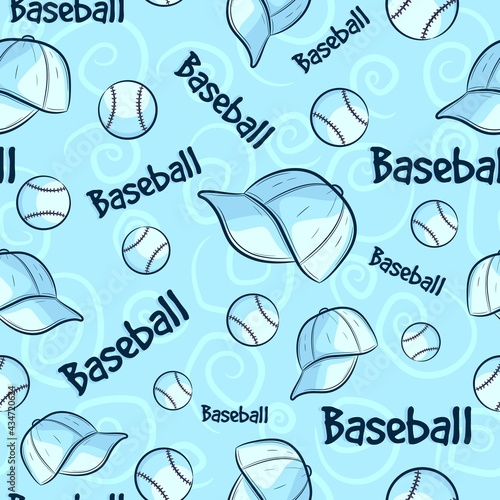 Blue seamless pattern with baseball concept and elements. Repetitive background with equipment balls, white hats and text. Sport texture with repeat softball artwork.