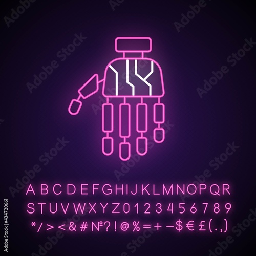 Bionic limb neon light icon. Innovative arm prosthetics. Hand prosthesis with microchips. Outer glowing effect. Sign with alphabet, numbers and symbols. Vector isolated RGB color illustration