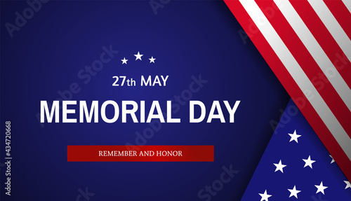 Memorial Day banner design with US flag and text on blue background. 27th may. -Vector