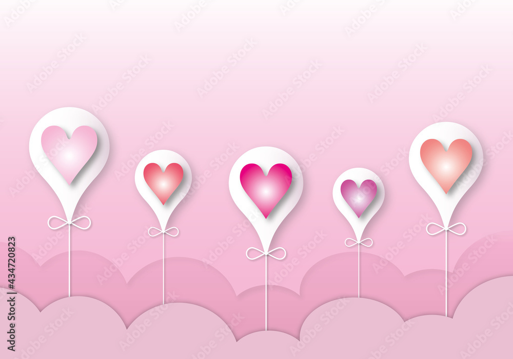 Colourful hearts with white balloons and clouds on pink background, Love concept, Fathers day, Mothers, Women, Man’s day, Valentines, Birthday, Wedding, poster, card, copy space, paper cut style.