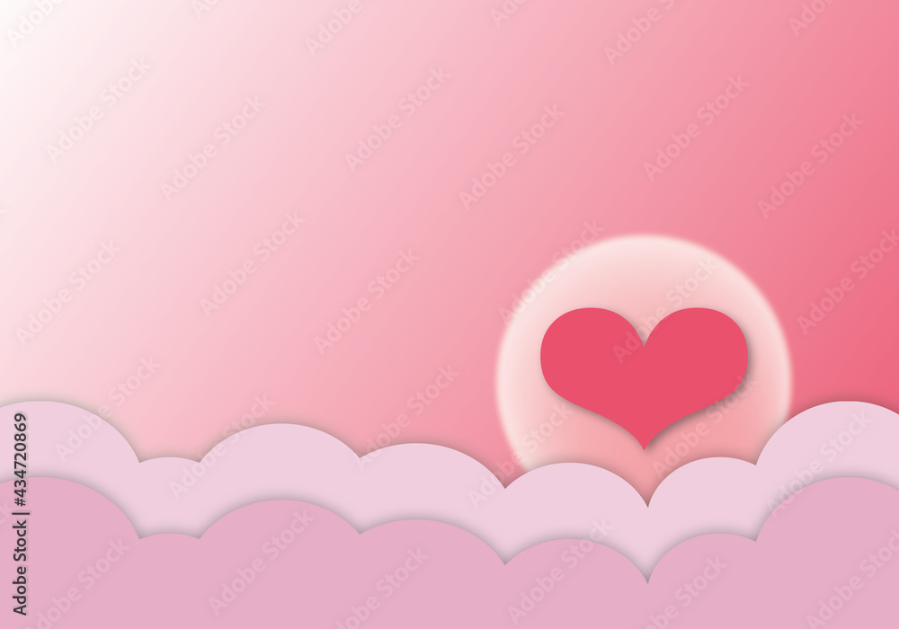 Pink hearts with sun and cloud on pastel pink background, Love concept, Father’s day, Mothers, Women, Man, Valentines, Birthday, Wedding, poster, card, banner, space for the text, paper cut style.