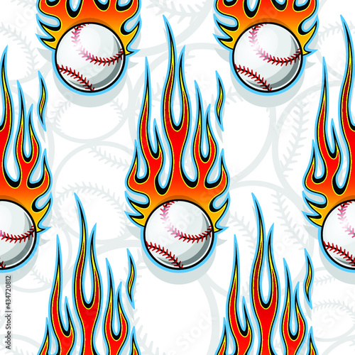 Seamless pattern with baseball softball ball symbol and hot rod flame. Vector illustration. Ideal for wallpaper packaging fabric textile wrapping paper design and any decoration