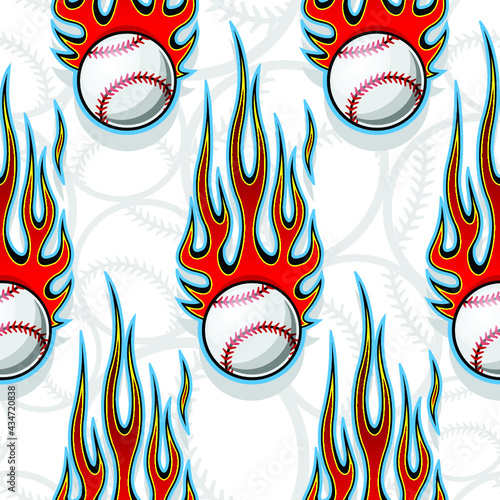 Seamless printable pattern with baseball softball balls and hot rod flames. Vector illustration. Ideal for wallpaper packaging fabric textile paper print design and any decoration