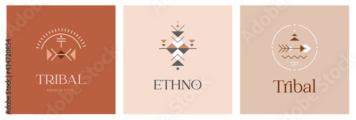 Tribal, ethnic logo design set, Aztec Mexican, African symbols, icons