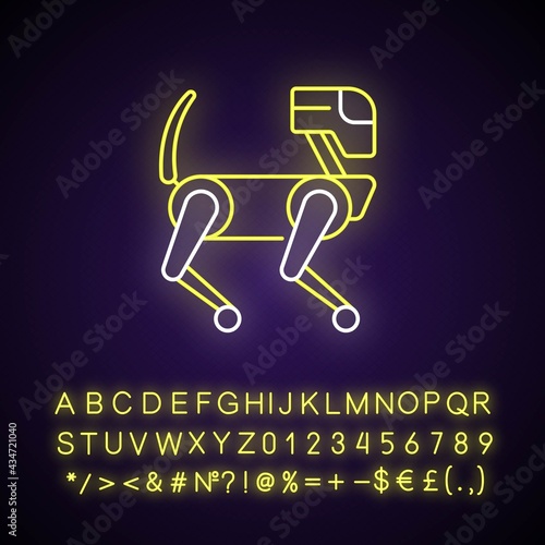 Animal like robot neon light icon. Cyborg mechanical pet. Innovative drone. Futuristic technology. Outer glowing effect. Sign with alphabet, numbers and symbols. Vector isolated RGB color illustration