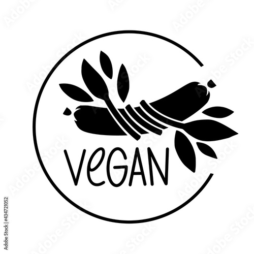 Plant based meat icon. Vegan product. Sausage entwined with plant leaves. Organic natural vegetarian food from plants. Vector sign. Beyond meat.
