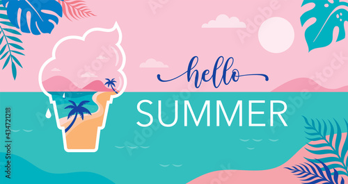 Summer time fun concept design. Creative background of landscape, panorama of sea and beach on ice cream. Summer sale, post template
