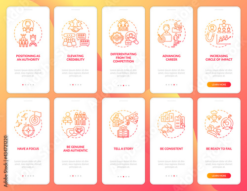 Personal branding orange onboarding mobile app page screen with concepts set. Smm development walkthrough 5 steps graphic instructions. UI, UX, GUI vector template with linear color illustrations