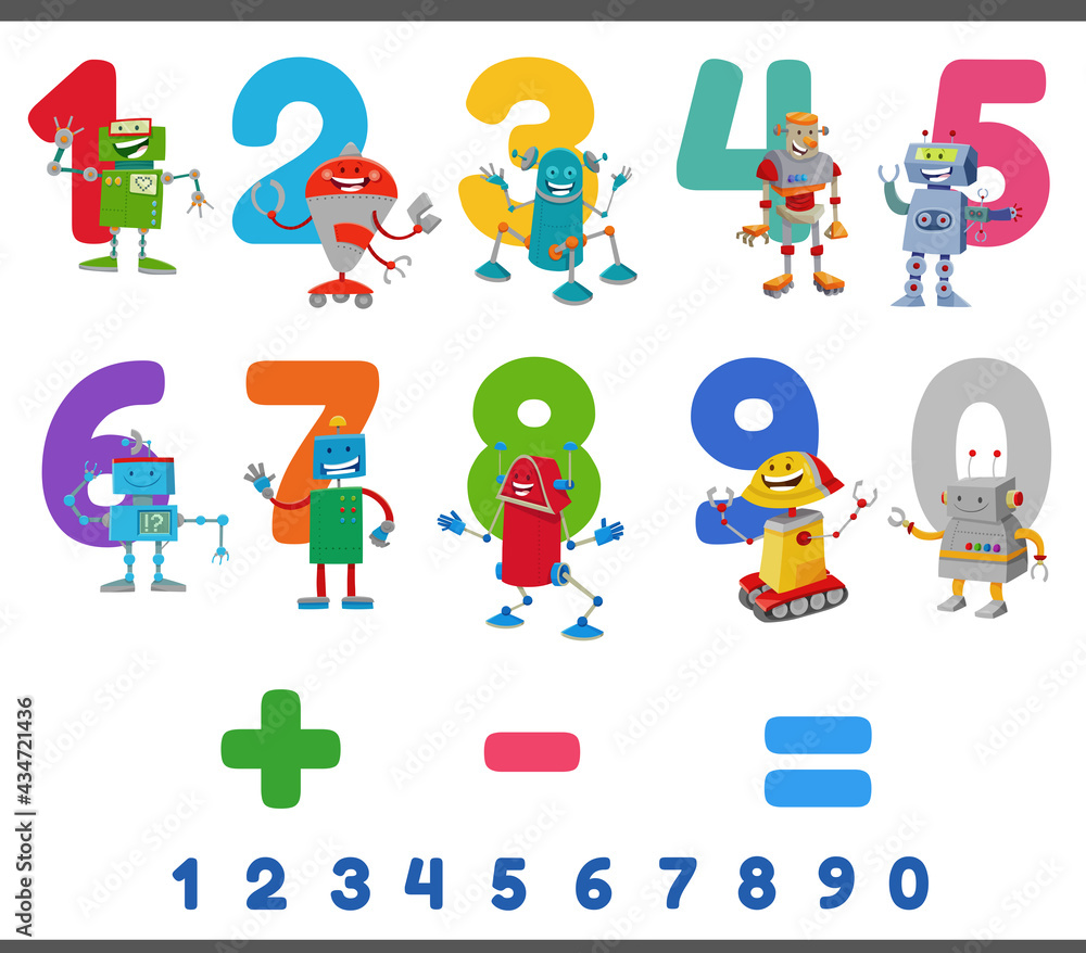 Obraz premium educational numbers set with happy robots characters