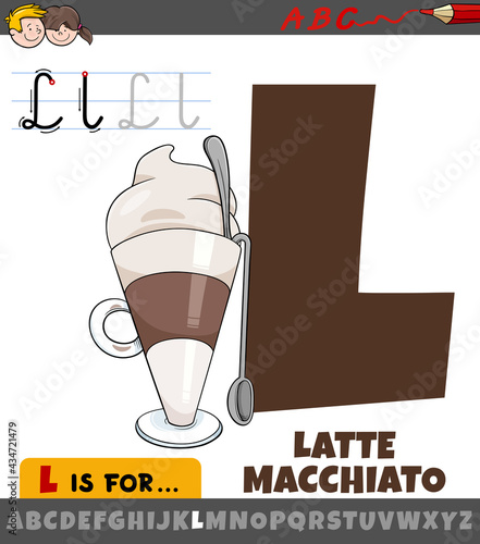 letter L from alphabet with cartoon latte macchiato drink