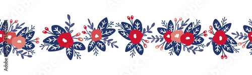 Red and blue rustic flower seamless border with transparent background. Isolated hand-drawn floral design for fabric print or tableware decoration.