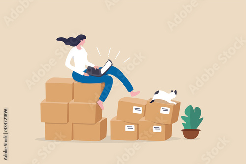 Selling product online, e-commerce or internet shopping, small business or entrepreneurship concept, success woman entrepreneur receive order from computer sitting with box parcel ready to ship.