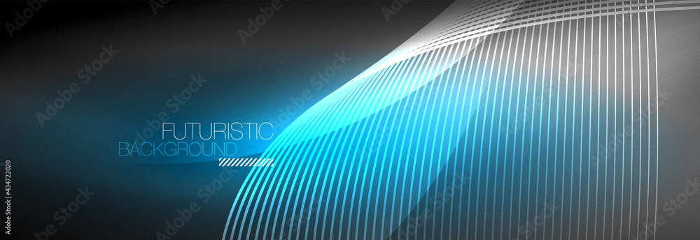 Abstract neon glowing light in the dark with waves. Shiny magic energy and motion concept, vector abstract wallpaper background Abstract neon glowing light in the dark with waves. Shiny magic energy and motion concept, vector abstract wallpaper background
