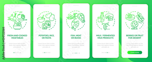 Healthy school eating onboarding mobile app page screen with concepts. Fish and meat walkthrough 5 steps graphic instructions. UI, UX, GUI vector template with linear color illustrations