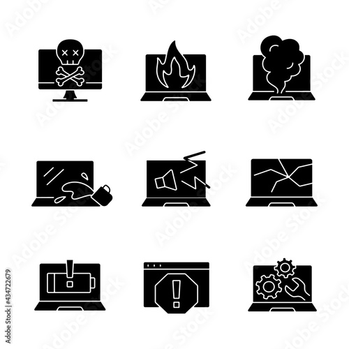 Computer damage black glyph icons set on white space. Burning notebook. smoke from keyboard. Crashed monitor screen. Cracked display. Laptop problems. Silhouette symbols. Vector isolated illustration