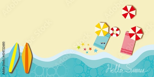 Summer Vacation concept banner illustration. Summer beach with Beach Umbrellas and surfboards. Hello summer decorative background. Vector illustration.