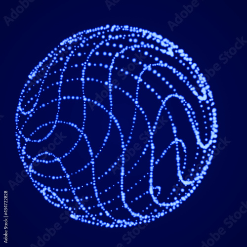 3d abstract sphere of particles. Twisted lines of sphere on dark background. Science and technology design. 3d