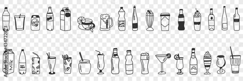 Various drinks collection doodle set. Collection of hand drawn cocktails milk beer milkshake tea coffee lemonade soda juice for drinking in rows isolated on transparent background 